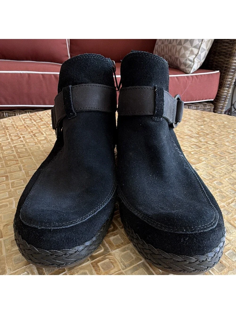 UGG Sloane Black Suede Shearling Wool Lined Side Zip Buckle Ankle Bootie 8.5